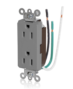 Leviton 16252-LGY Decora Plus Duplex Receptacle Outlet, Smooth Face, 15A, 125V Pre-Wired Leads, NEMA 5-15R, 2-Pole, 3-Wire, Self-Grounding , Gray Finish