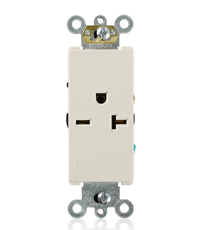 Leviton 16441-T Decora Plus Single Receptacle Outlet, Commercial Specification Grade, Smooth Face, 20 Amp, 250 Volt, Side Wire, NEMA 6-20R, 2-Pole, 3-Wire, Self-Grounding - Light Almond
