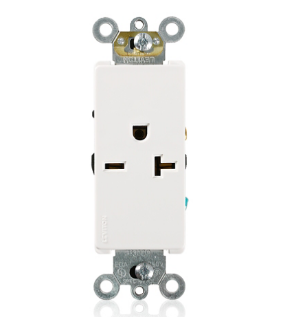 Leviton 16451-W Decora Plus Single Receptacle Outlet, Commercial Specification Grade, Smooth Face, 20 Amp, 250 Volt, Back or Side Wire, NEMA 6-20R, 2-Pole, 3-Wire, Self-Grounding - White