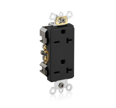 Leviton 16462-E Decora Plus Duplex Receptacle Outlet, Commercial Specification Grade, Smooth Face, 20 Amp, 250 Volt, Back or Side Wire, NEMA 6-20R, 2-Pole, 3-Wire, Self-Grounding - Black