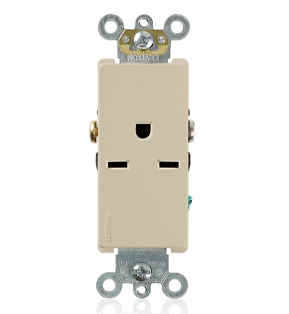 Leviton 16641-I Decora Plus Single Receptacle Outlet, Commercial Specification Grade, Smooth Face, 15 Amp, 250 Volt, Side Wire, NEMA 6-15R, 2-Pole, 3-Wire, Self-Grounding - Ivory