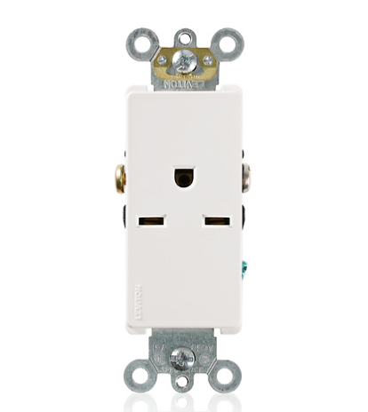 Leviton 16641-W Decora Plus Single Receptacle Outlet, Commercial Specification Grade, Smooth Face, 15 Amp, 250 Volt, Side Wire, NEMA 6-15R, 2-Pole, 3-Wire, Self-Grounding - White