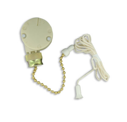 Leviton 1689 Pull chain switch, three speed - four position; 3A-250V AC, 6A-125V AC, 1/4 HP-125-250V AC, 3A-125V AC-L; No.6 Chain - 3 3/4 inches long