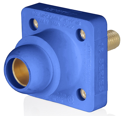Leviton 18R26-1B 18 Series Female Receptacle, 90-Degree, #2 - 4/0 AWG, 1.125" Threaded Stud, Self-Clinching Nuts, Blue Finish