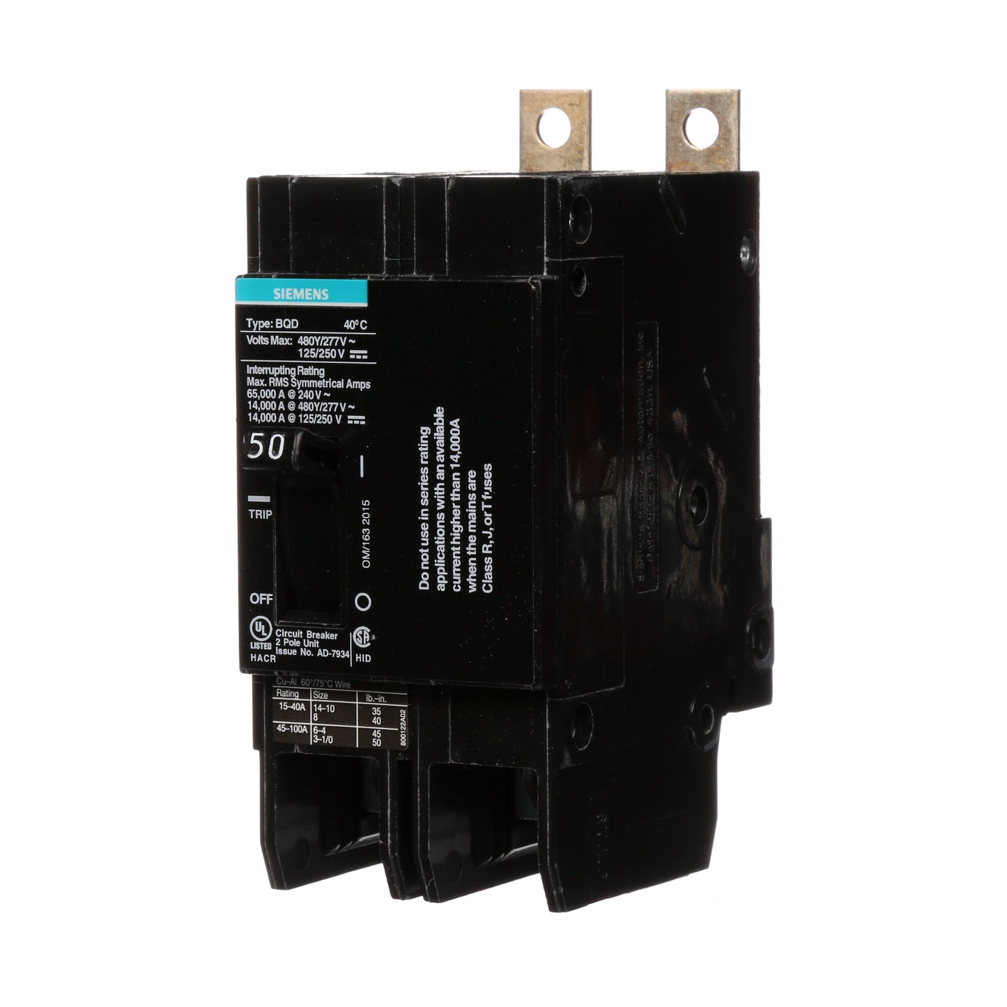 Siemens BQD250 2-Pole 50 Amp 480 VAC 14 kA Circuit Breaker