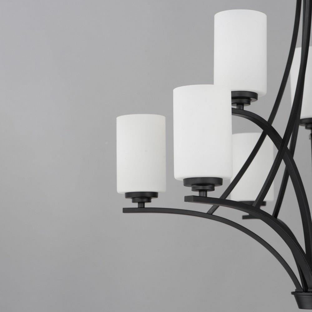 Maxim Lighting 20036SWSBR Deven Chandelier Close-Up of Cylindrical Glass Shades and Arms