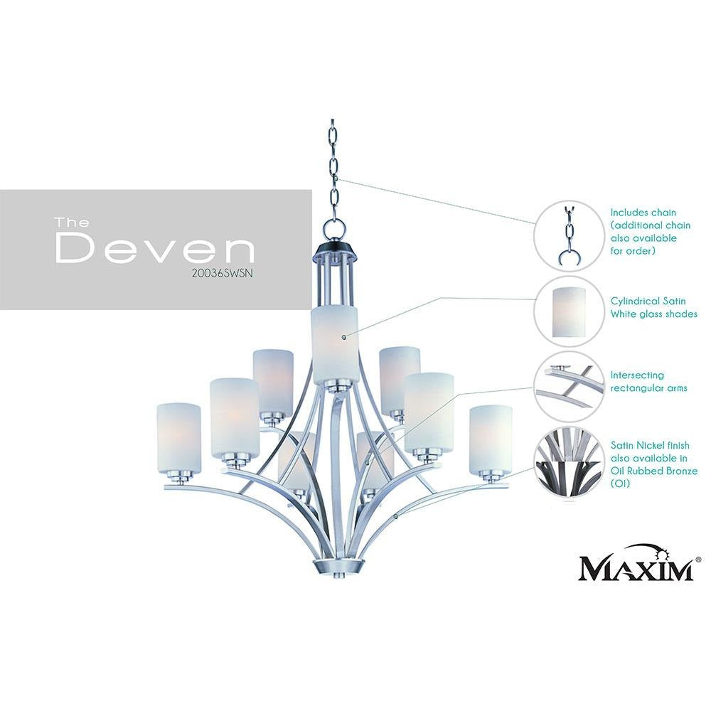 Maxim Lighting 20036SWSN Deven Chandelier Feature Callout Infographic with Satin Nickel Finish