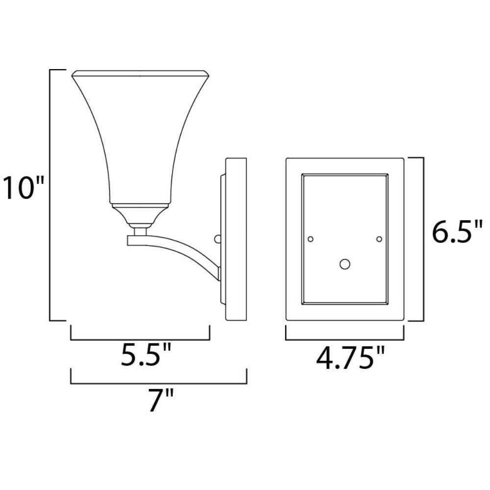 Maxim Lighting 20098FTSN Aurora Wall Sconce dimensions diagram - 10 inch height, 5.5 inch width, 7 inch depth, 6.5 inch backplate height, 4.75 inch backplate width
