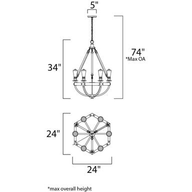 Maxim Lighting 20335WOBZ Lodge Chandelier - Dimension Diagram: 24W x 34H inches, 74 inch Max Overall Height, 5 inch Canopy