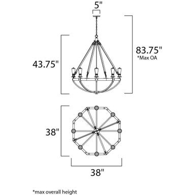 Maxim Lighting 20338WOBZ Lodge dimension diagram showing 38 inch width, 43.75 inch height, 5 inch canopy, and 83.75 inch max overall height