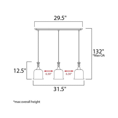 Maxim Lighting 20473CLPN Centennial 3 Light Pendant Dimension Diagram - 31.5 inch Wide, 12.5 inch Height, 132 inch Max Overall Height