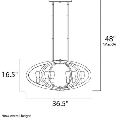 Maxim Lighting 20915APAR Bodega Bay 6 Light Pendant - Dimension diagram showing 36.5 inch width, 16.5 inch height, 48 inch max overall height