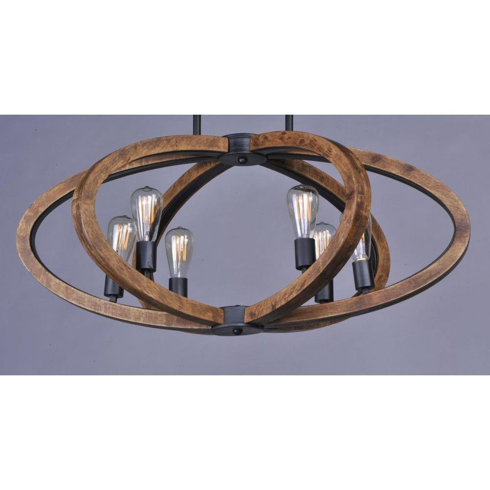 Maxim Lighting 20915APAR Bodega Bay 6 Light Pendant - Close-up showing Antique Pecan wood rings and Anthracite metal accents with Edison bulbs