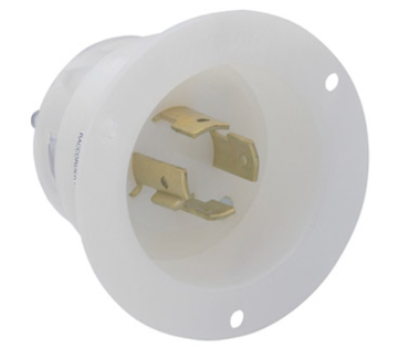 Leviton 2425 20A, 250V 3-Phase, NEMA L15-20P, 3P, 4W, Flanged Inlet Locking Receptacle, Grounding, White Finish