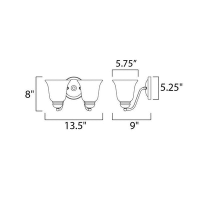 Maxim Lighting 2121FTSN Basix 2 Light Bath Vanity Wall Light dimension diagram - 13.5 inch wide, 8 inch high, 9 inch depth