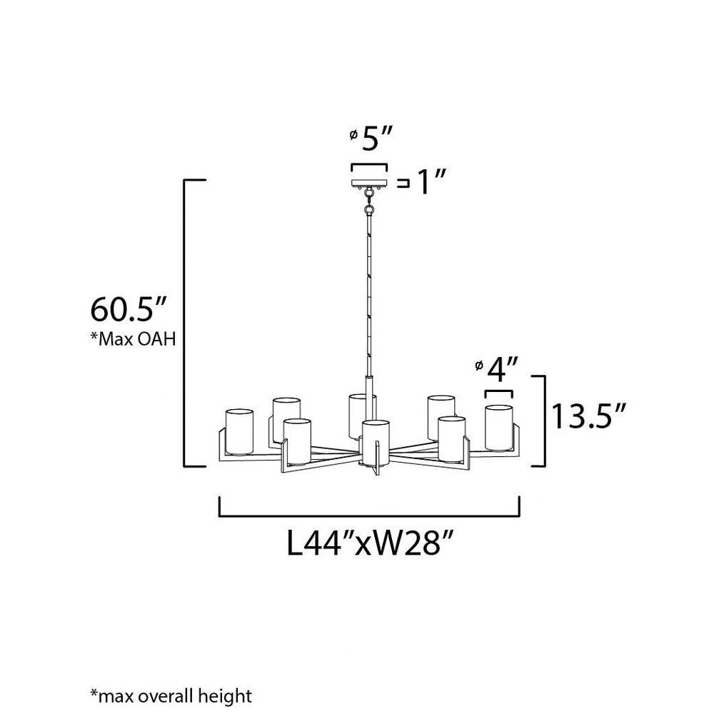 Maxim Lighting 21288SWBK Dart 8 Light Chandelier Dimensions Diagram - L44 x W28 x H13.5 Inches