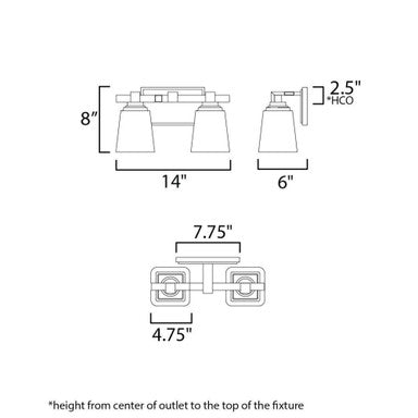 Maxim Lighting 21382CLSN Cubos 2 Light Satin Nickel Bath Vanity Wall Light Dimensions Diagram