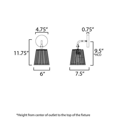 Maxim Lighting 21481WWTNAB Baja Wall Sconce Dimension Diagram - 11.75 Inch Height, 6 Inch Width, 7.5 Inch Depth