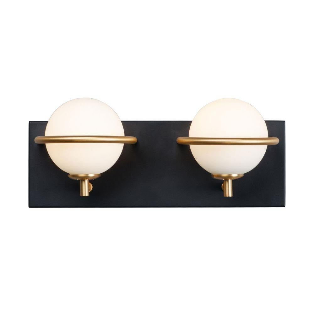 Maxim Lighting 21602SWBKGLD Revolve 2 Light Bath Vanity Wall Light in Black and Gold with Satin White Glass Globes - Front View on White Background