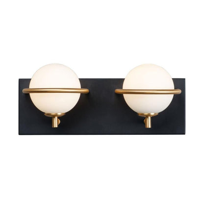 Maxim Lighting 21602SWBKGLD Revolve 2 Light Bath Vanity Wall Light in Black and Gold with Satin White Glass Globes - Front View on White Background
