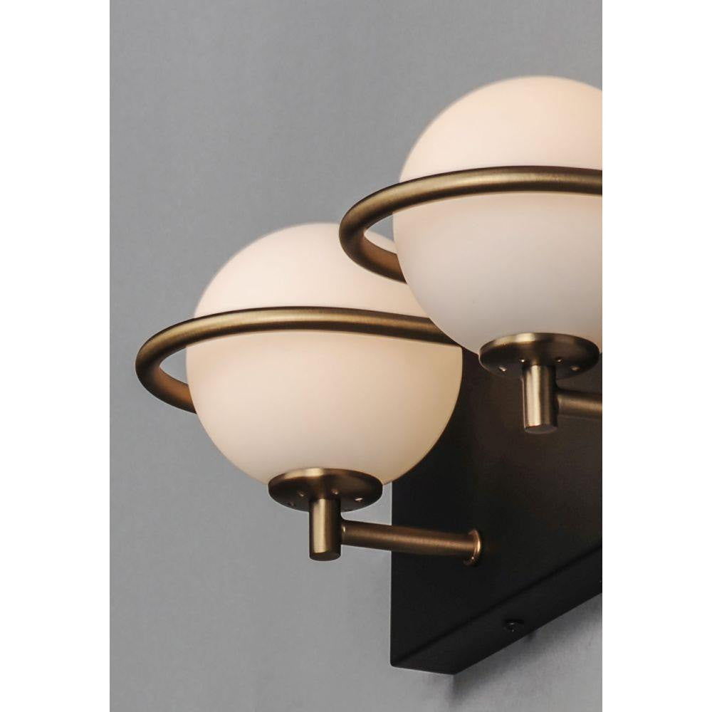 Maxim Lighting 21602SWBKGLD Revolve Close-Up Detail of Gold Rings and Satin White Glass Globes on Black Backplate
