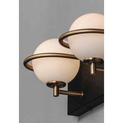 Maxim Lighting 21602SWBKGLD Revolve Close-Up Detail of Gold Rings and Satin White Glass Globes on Black Backplate