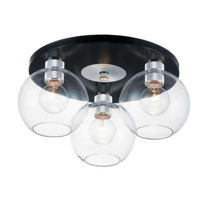 Maxim Lighting 21610CLBKAL Vessel 3 Light Flush Mount with black canopy, brushed aluminum sockets and clear glass globe shades