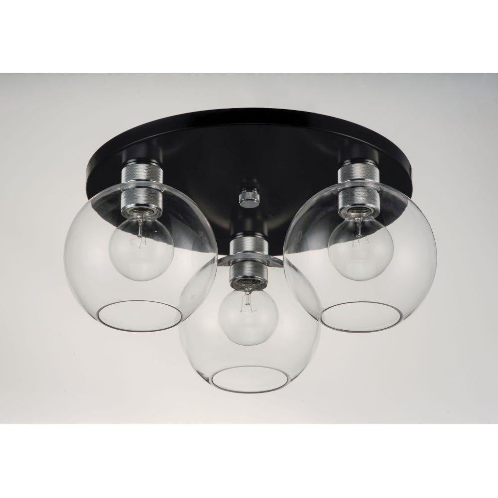 Maxim Lighting 21610CLBKAL Vessel 3 Light Flush Mount with black canopy and clear glass globes, front view