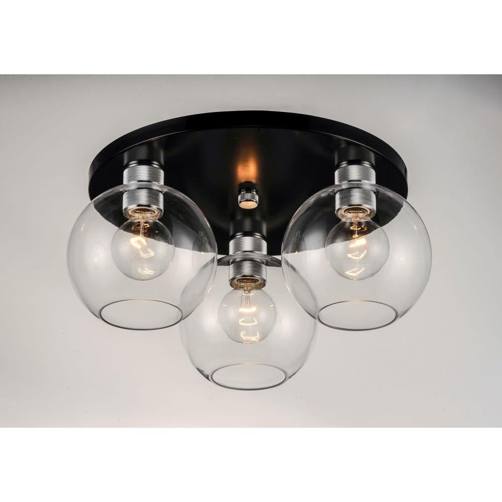 Maxim Lighting 21610CLBKAL Vessel 3 Light Flush Mount showing illuminated clear glass spheres on black round canopy