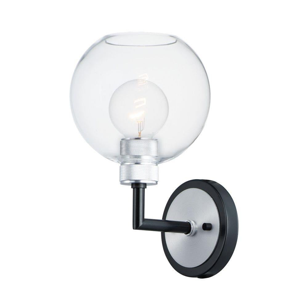 Maxim Lighting 21611CLBKAL Vessel Wall Sconce Black and Brushed Aluminum with Clear Glass Globe on White Background