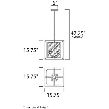 Maxim Lighting 21675CDBK Era 4 Light Black Pendant dimension diagram 15.75W x 15.75H 47.25 max overall height