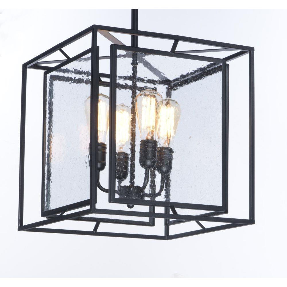 Maxim Lighting 21675CDBK Era 4 Light Black Pendant close-up front view with seedy glass panels