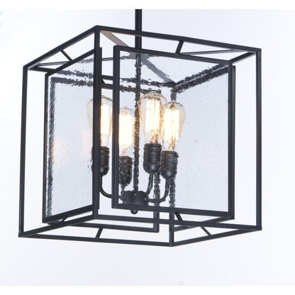 Maxim Lighting 21675CDBK Era 4 Light Black Pendant close-up front view with seedy glass panels