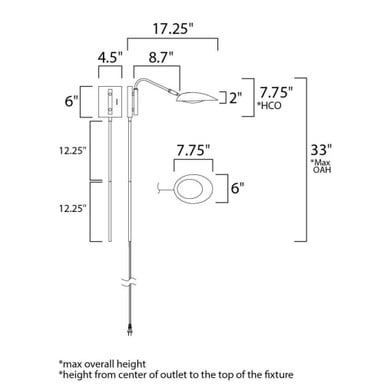 Maxim Lighting 21691BKSBR Scan Swing Arm Wall Sconce - Dimensions Diagram