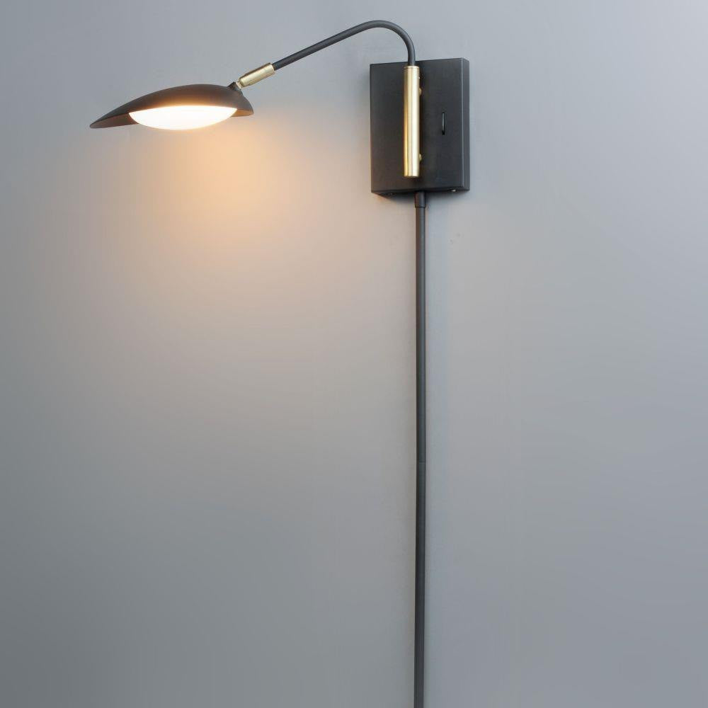 Maxim Lighting 21691BKSBR Scan Swing Arm Wall Sconce in Black with Satin Brass - Extended Arm with Light On