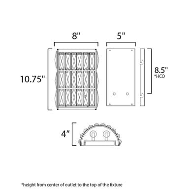Maxim Lighting 21812BCBK Madeline Wall Sconce line drawing with dimensions: 8 inch width, 10.75 inch height, 5 inch depth