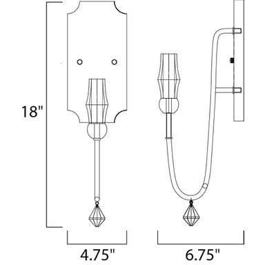 Maxim Lighting 22432CSTGL Claymore Wall Sconce dimensions diagram showing 18 inch height and 4.75 inch width