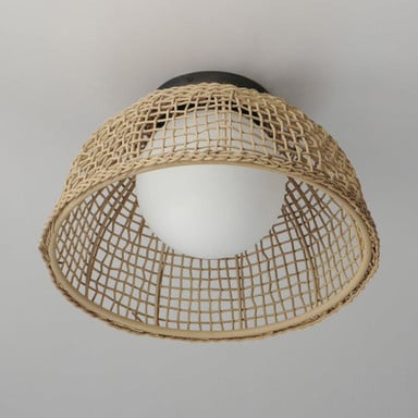 Maxim Lighting 22470NAANB Cestino Natural Rattan Flush Mount - Side View Installed on Ceiling
