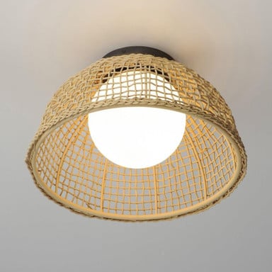 Maxim Lighting 22470NAANB Cestino Natural Rattan Flush Mount - Front View Installed on Ceiling