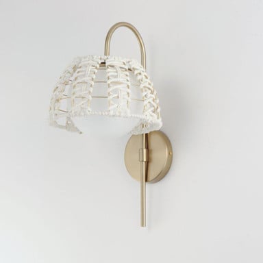 Maxim Lighting 22481SWGLD Macrame Wall Sconce Angled View - Gold Arm with White Rope Dome Shade