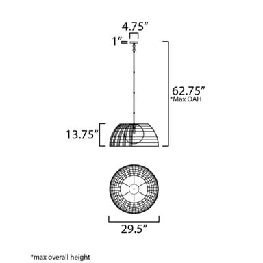Dimension diagram for Maxim Lighting 22482SWGLD Macrame Pendant showing 29.5 inch width, 13.75 inch height, and 62.75 inch max overall height