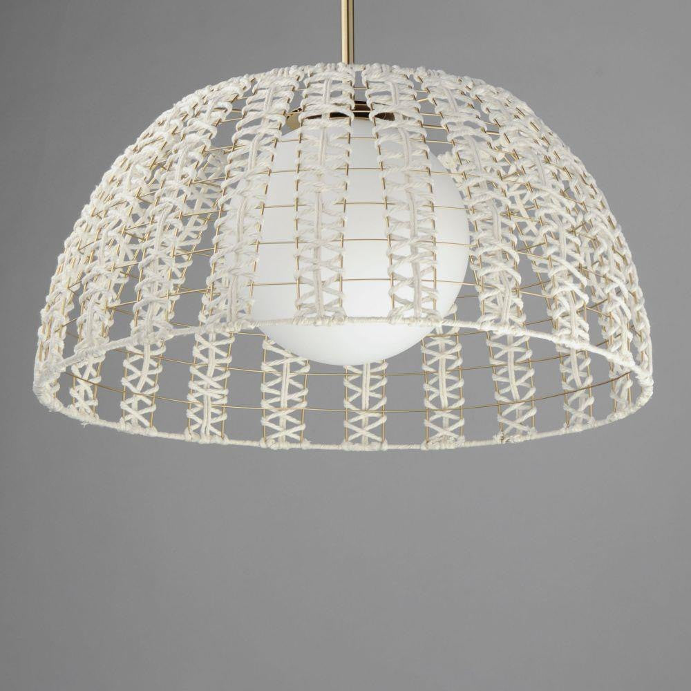 Close-up of Maxim Lighting 22482SWGLD Macrame pendant shade showing hand-woven cotton rope detail on gold frame