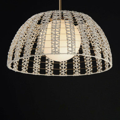 Maxim Lighting 22482SWGLD Macrame pendant illuminated against dark background showcasing Satin White glass globe