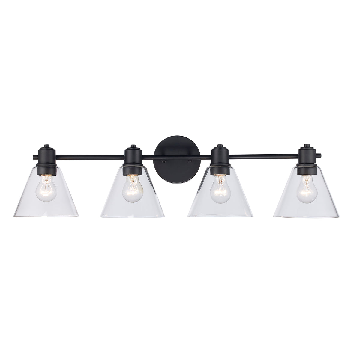 Trans Globe Lighting 22594 BK-CL ForgeLume 4 light black bath vanity wall light with clear glass shades front view
