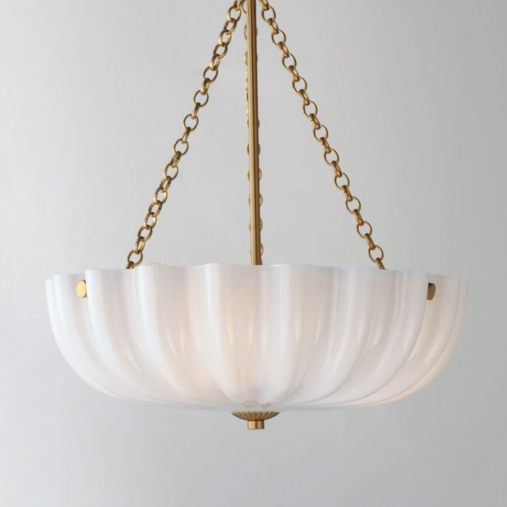Maxim Lighting 22652WTNAB Bundt 3 Light Natural Aged Brass Semi-Flush Mount close-up of opal white ribbed glass shade