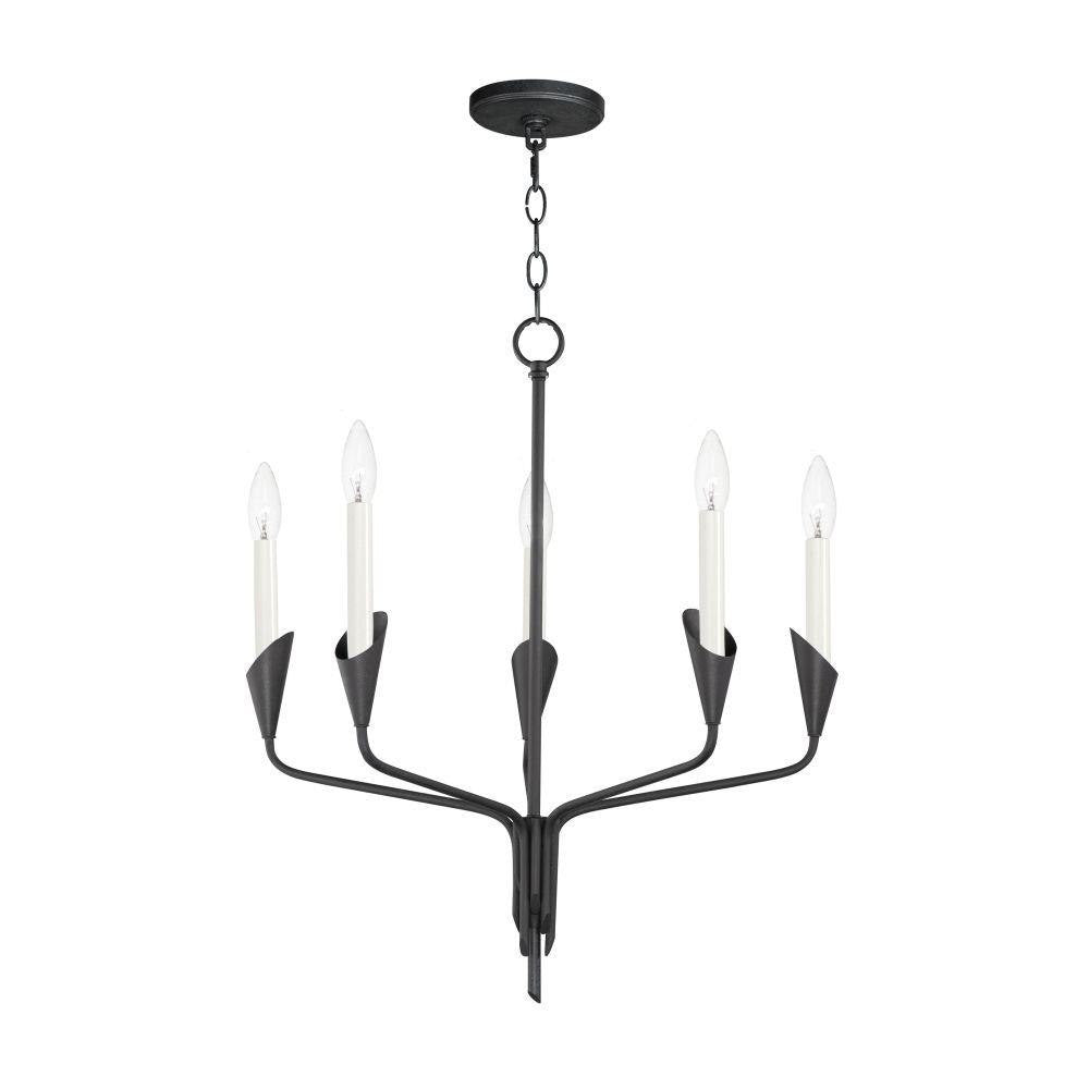 Maxim Lighting 24345BK Calyx 5 Light Black Chandelier - full product view with chain and round canopy on white background