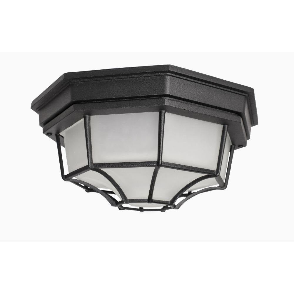 Maxim Lighting 1020RP Crown Hill Outdoor Flush Mount in Rust Patina - side angle view showing geometric octagonal frame and frosted glass