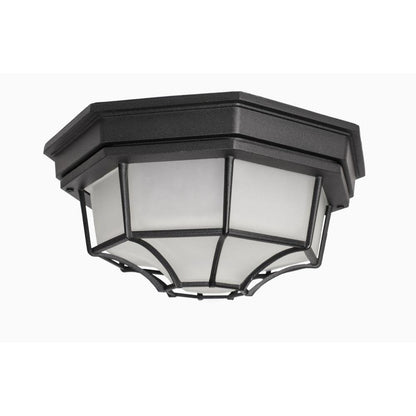 Maxim Lighting 1020RP Crown Hill Outdoor Flush Mount in Rust Patina - side angle view showing geometric octagonal frame and frosted glass