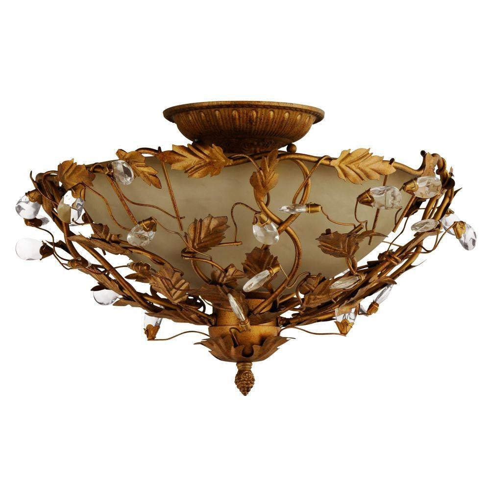 Maxim Lighting 2859EG Elegante Semi Flush Mount in Etruscan Gold with Leaf Motif and Crystal Accents