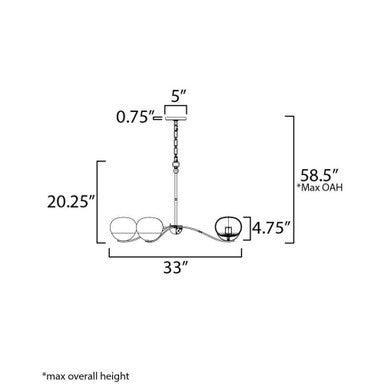 Maxim Lighting 24646MRBKNAB Lucerne Chandelier dimension diagram showing 33 inch width, 20.25 inch height, and 58.5 inch max overall height